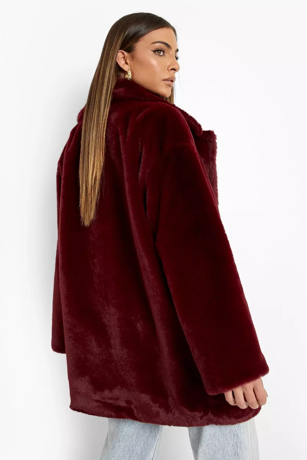 Dark red faux deals fur coat